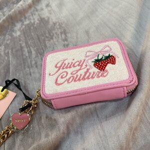 Juicy Couture Pink & White Strawberry Embroidered Card Holder with Gold Charm